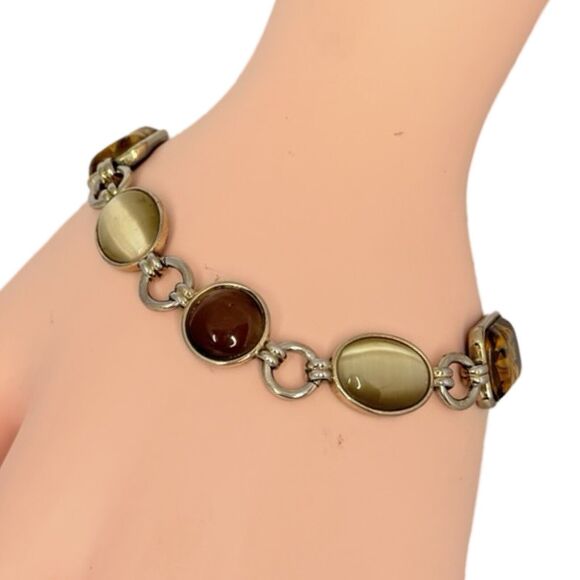 Vintage Brown & Gold Pressed Flower Chain link Bracelet 7.25" Cottagecore Boho - Picture 6 of 11